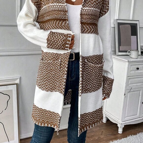 Multicolor Casual Womens Chevron Drop Shoulder Pocket Patched Duster Cardigan - Picture 4 of 5